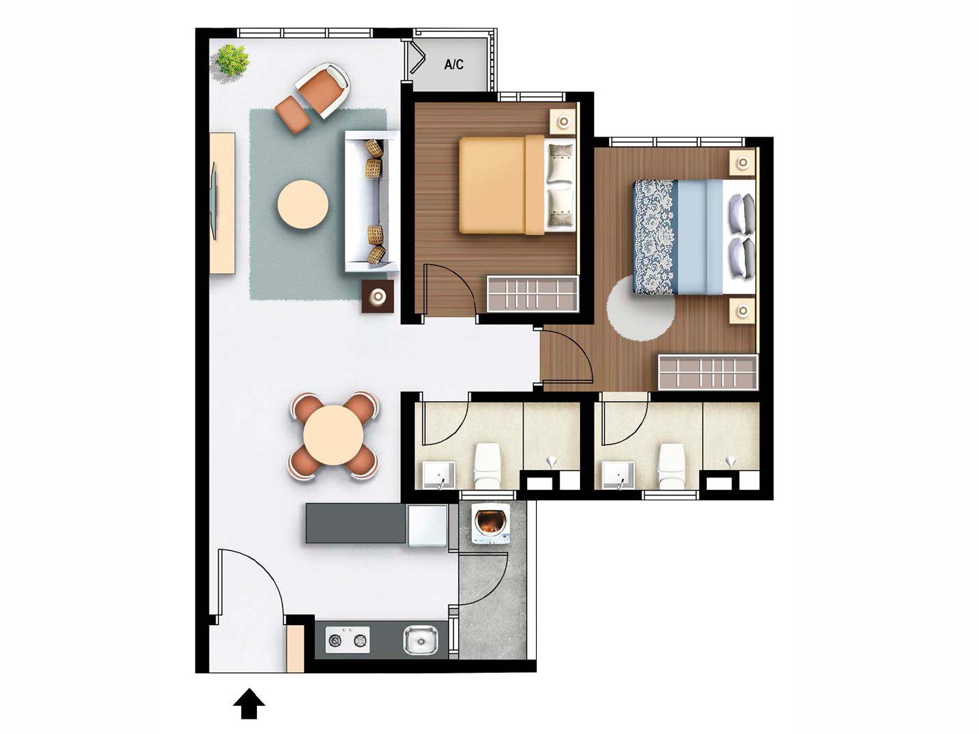 M Aurora 737sf 2-Bedroom Floor Plan Layout